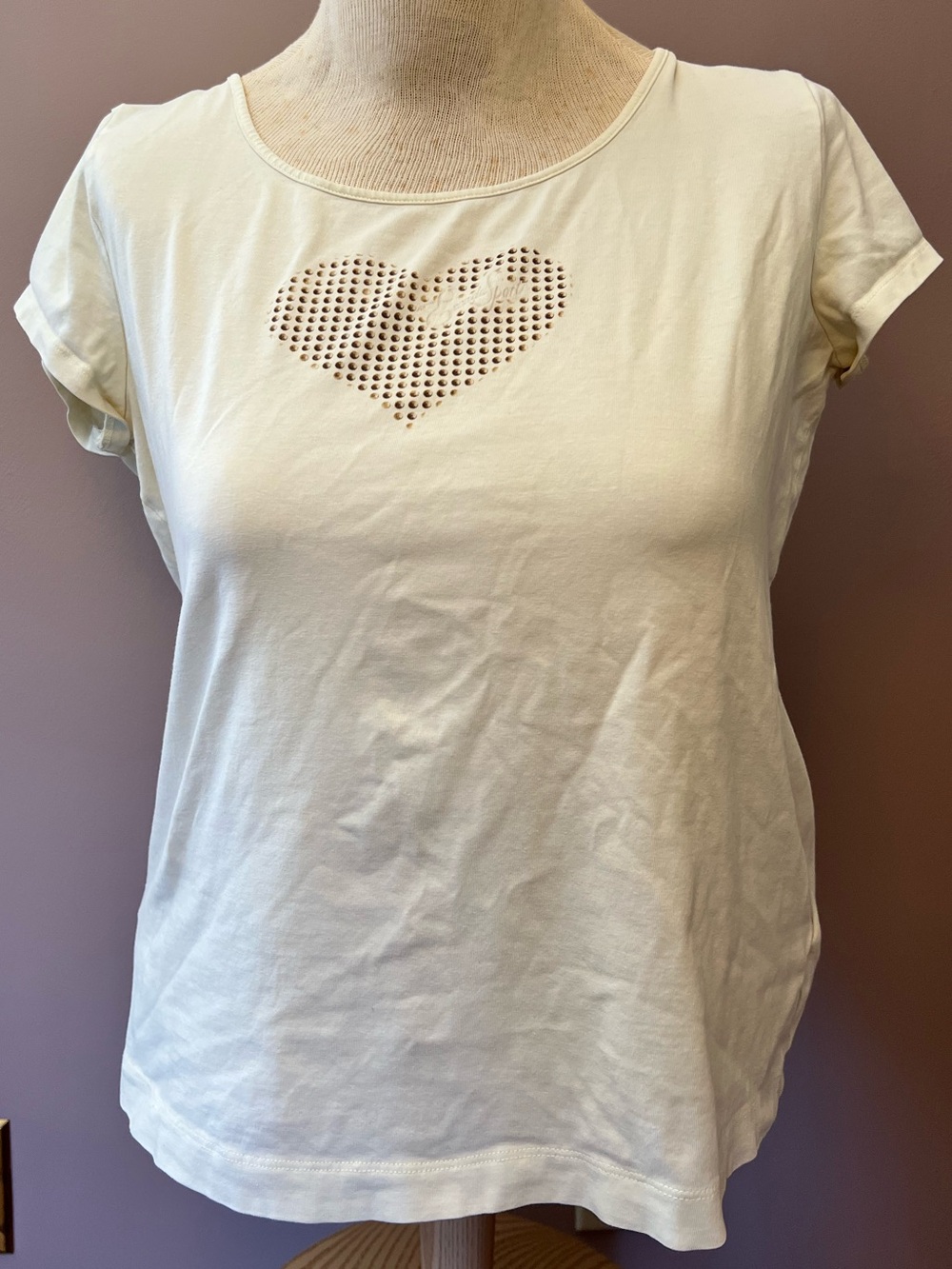 Y2K Escada Sport Pastel Yellow Cotton Graphic Studded Heart T Shirt Size XL Flaw